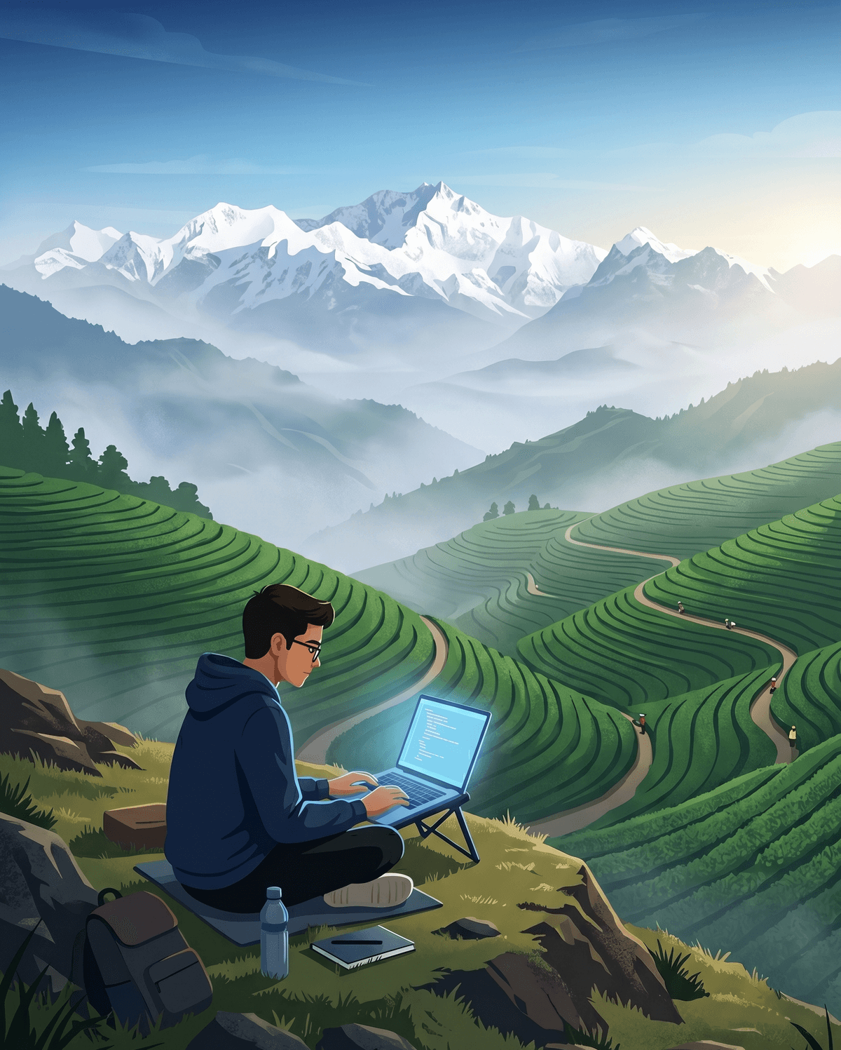Developer coding on a hilltop overlooking tea gardens and Kanchenjunga